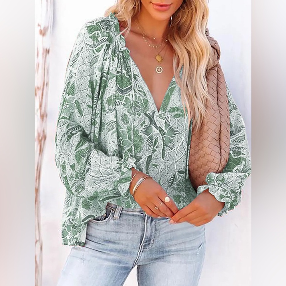 Boho Floral Print Tie Neck Flounce Sleeve Blouse